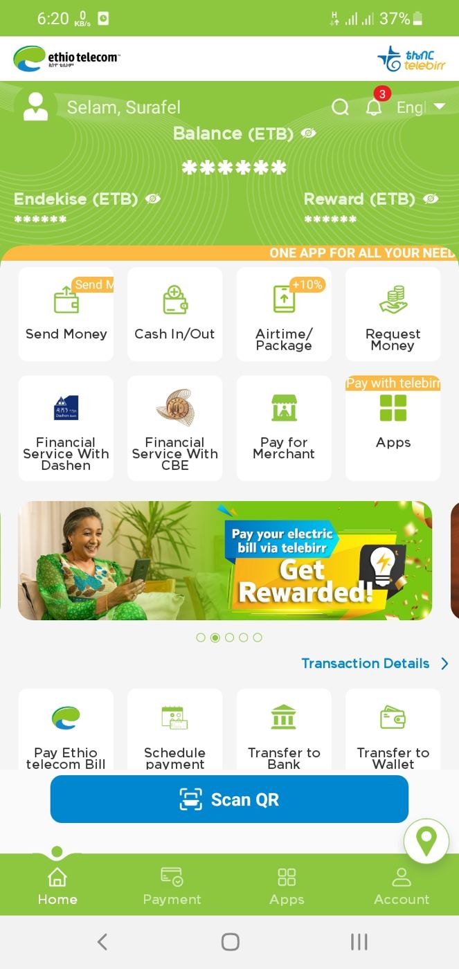 Step 1: the Telebirr home screen